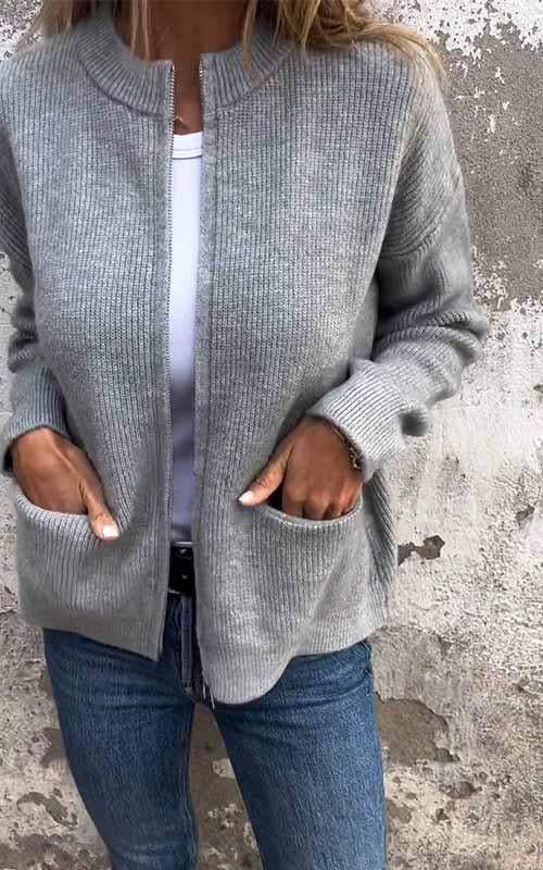 Women's zip-front knit cardigan, minimalist style, soft breathable fabric for effortless everyday layering
