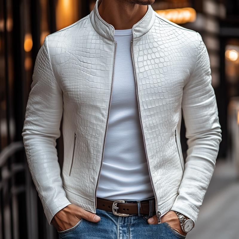 Men's black premium leather jacket stand-up collar embossed texture durable zipper trendy slim fit