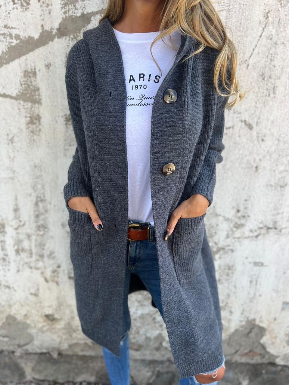 Women's ribbed knit hooded long cardigan relaxed fit with front buttons and pockets casual layer