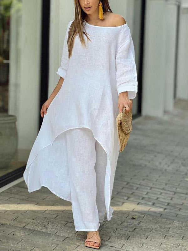 Women's casual solid color two-piece set round neck top and skirt lightweight summer polyester outfit