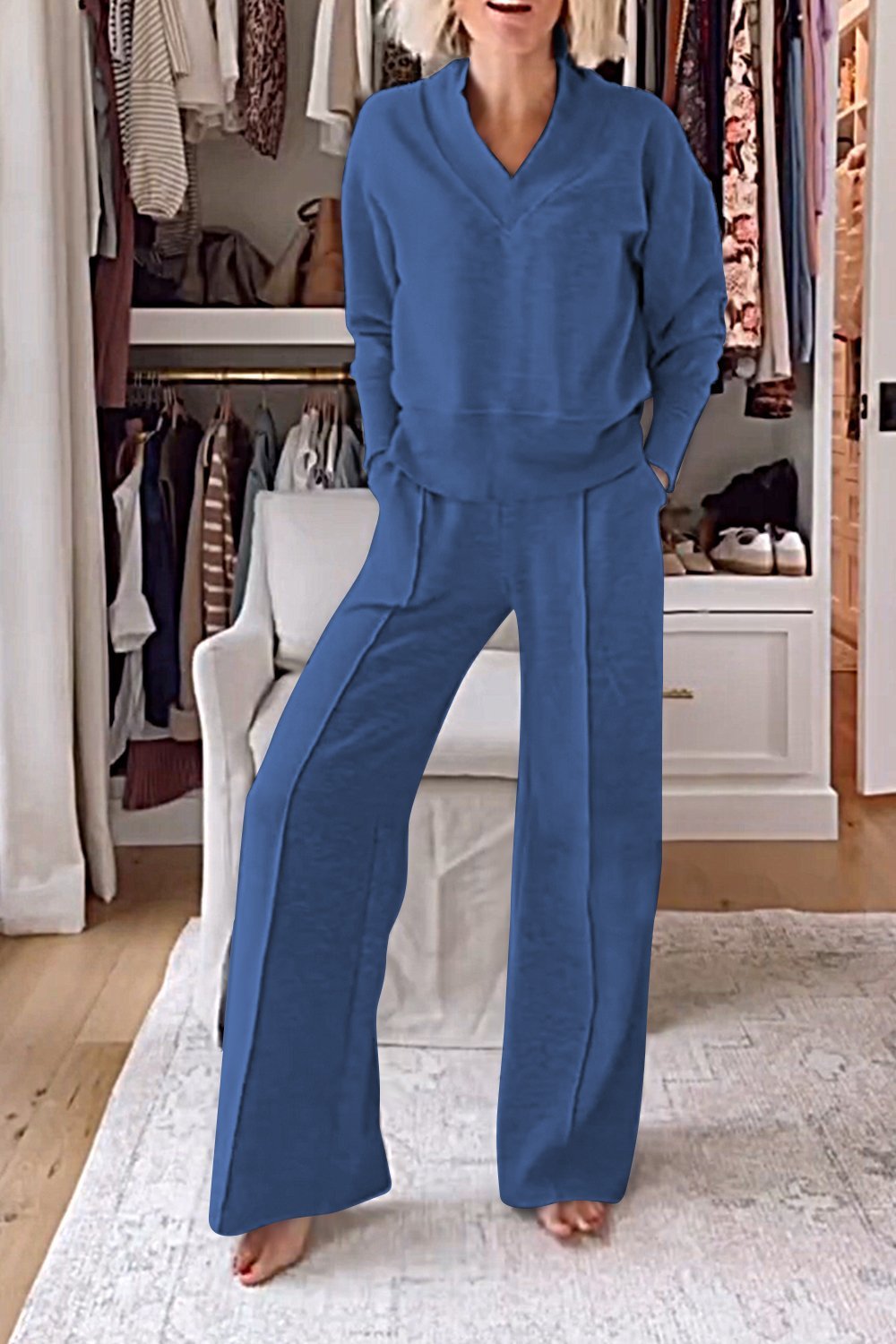 Women cotton solid color V-neck top and matching pants two-piece casual set breathable all-season