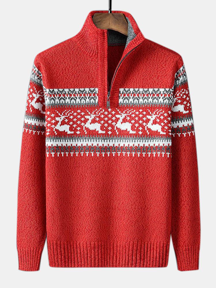 Men's Nordic reindeer half-zip knit sweater classic pattern ribbed collar winter outdoor style