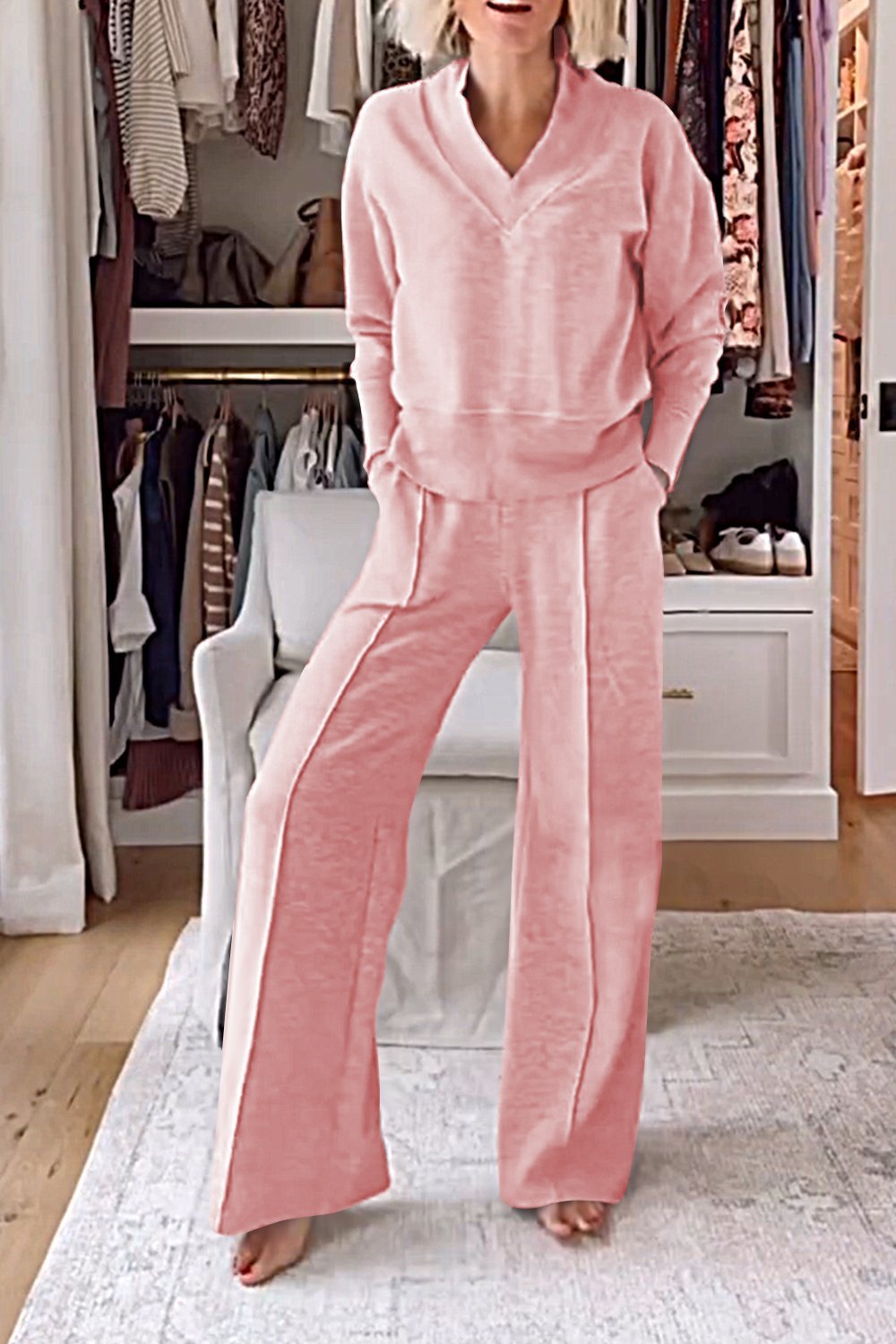 Women cotton solid color V-neck top and matching pants two-piece casual set breathable all-season
