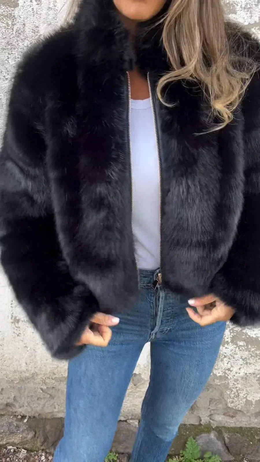 Women's elegant ivory fur coat with front zipper closure, chic silhouette, sustainable luxury outerwear
