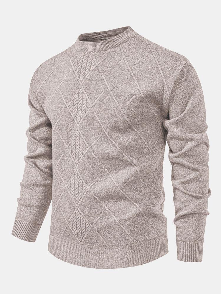 Men's cream textured knit crew neck sweater with geometric weave pattern for versatile everyday wear