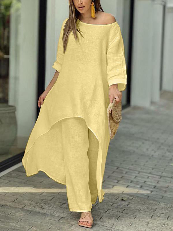 Women's casual solid color two-piece set round neck top and skirt lightweight summer polyester outfit