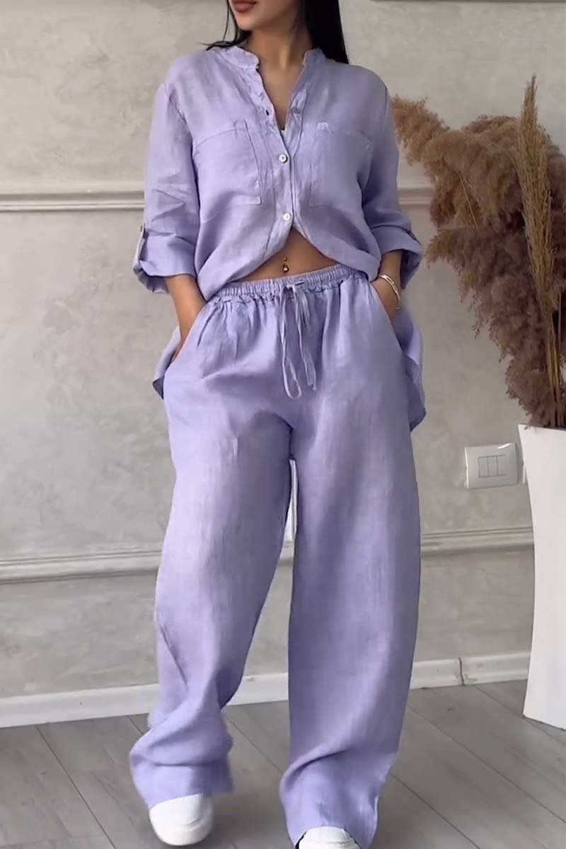 Women's beige cotton linen two-piece set lapel top and wide-leg pants casual everyday outfit