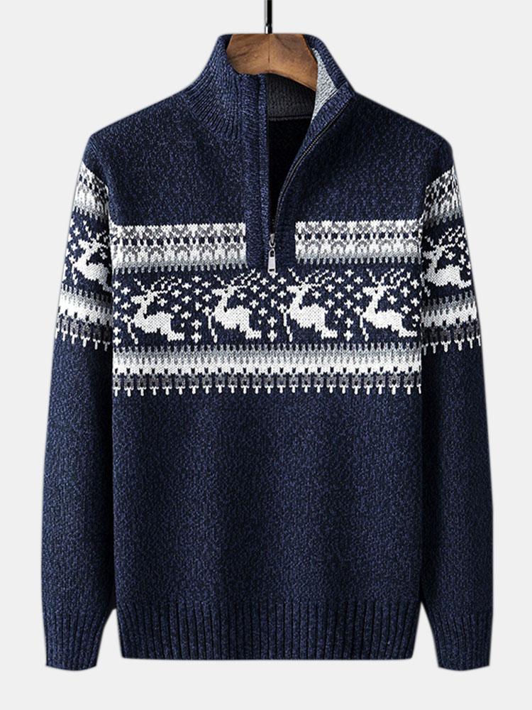 Men's Nordic reindeer half-zip knit sweater classic pattern ribbed collar festive winter style