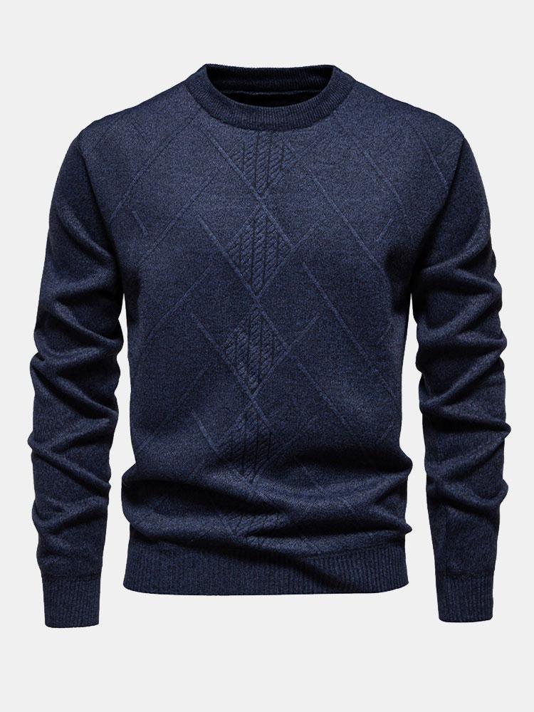 Charcoal textured knit men's crew neck sweater with geometric weave pattern for refined everyday style