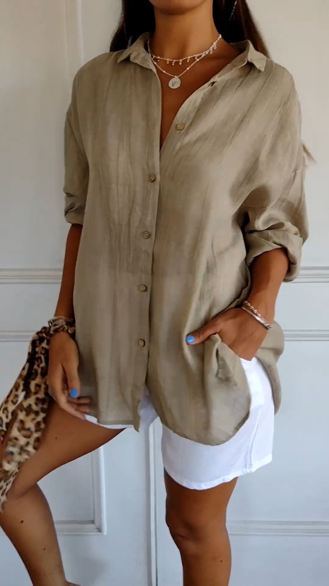 Women's cotton single-breasted shirt pleated lapel midi sleeve casual multi-color spring summer
