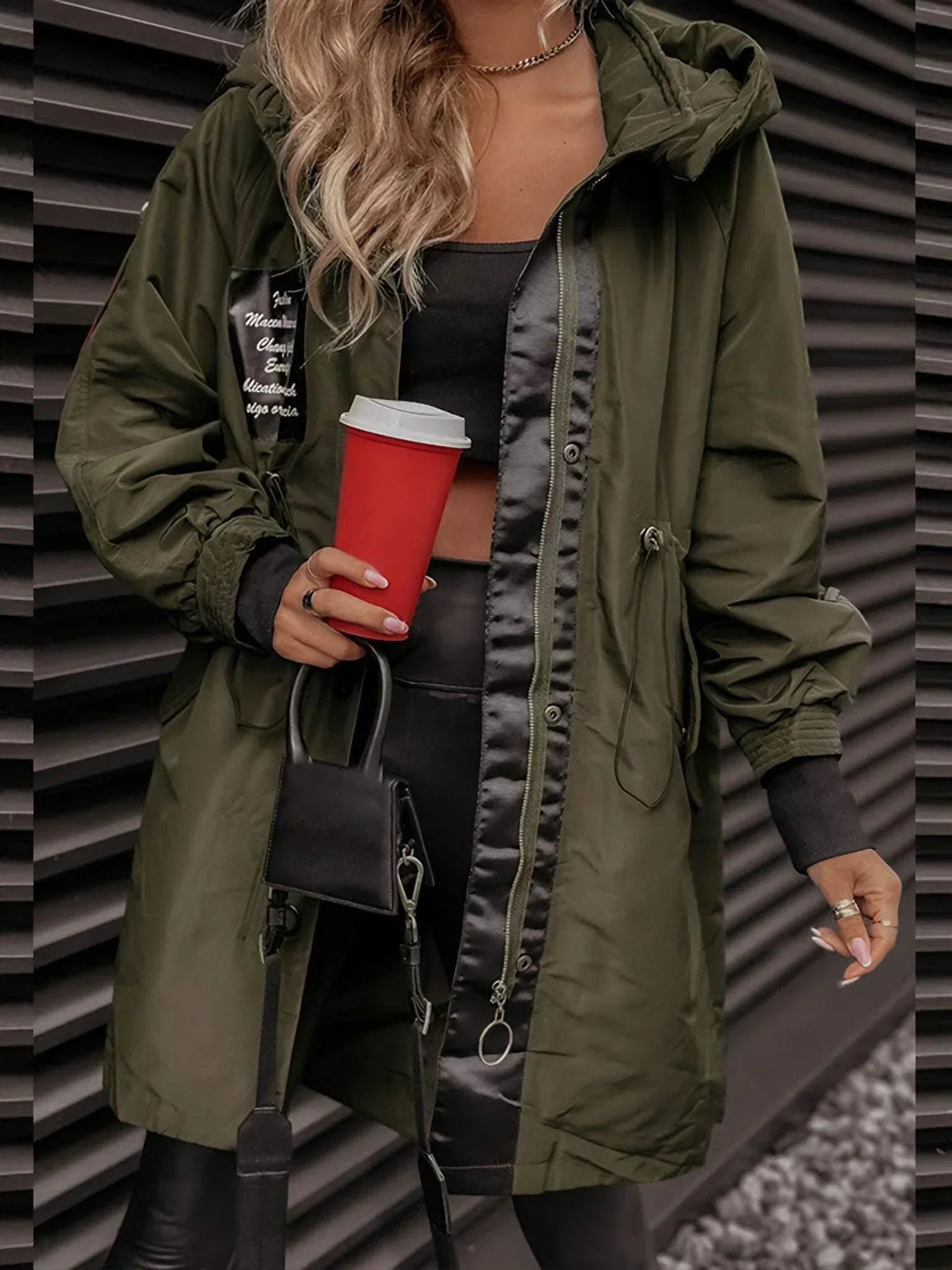 Women's hooded jacket in luxe neutral tone, sleek city-ready silhouette with integrated hood
