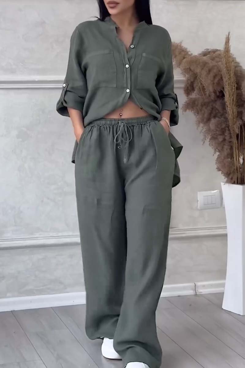 Women's beige cotton linen two-piece set with lapel top and matching wide-leg pants