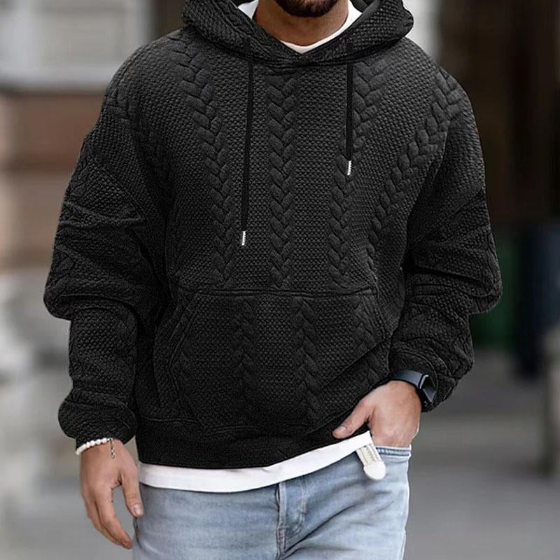 Men's gray textured cable knit hooded sweater with classic silhouette and soft brushed cotton blend