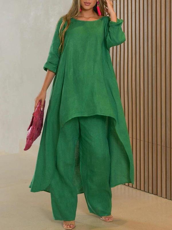 Women's solid color casual two-piece set round neck top & skirt lightweight summer polyester outfit