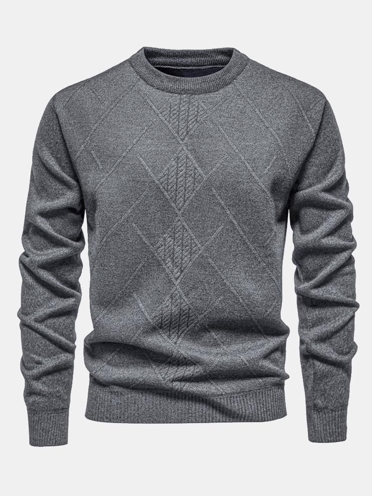 Men's cream textured knit crew neck sweater with geometric weave pattern for refined layering