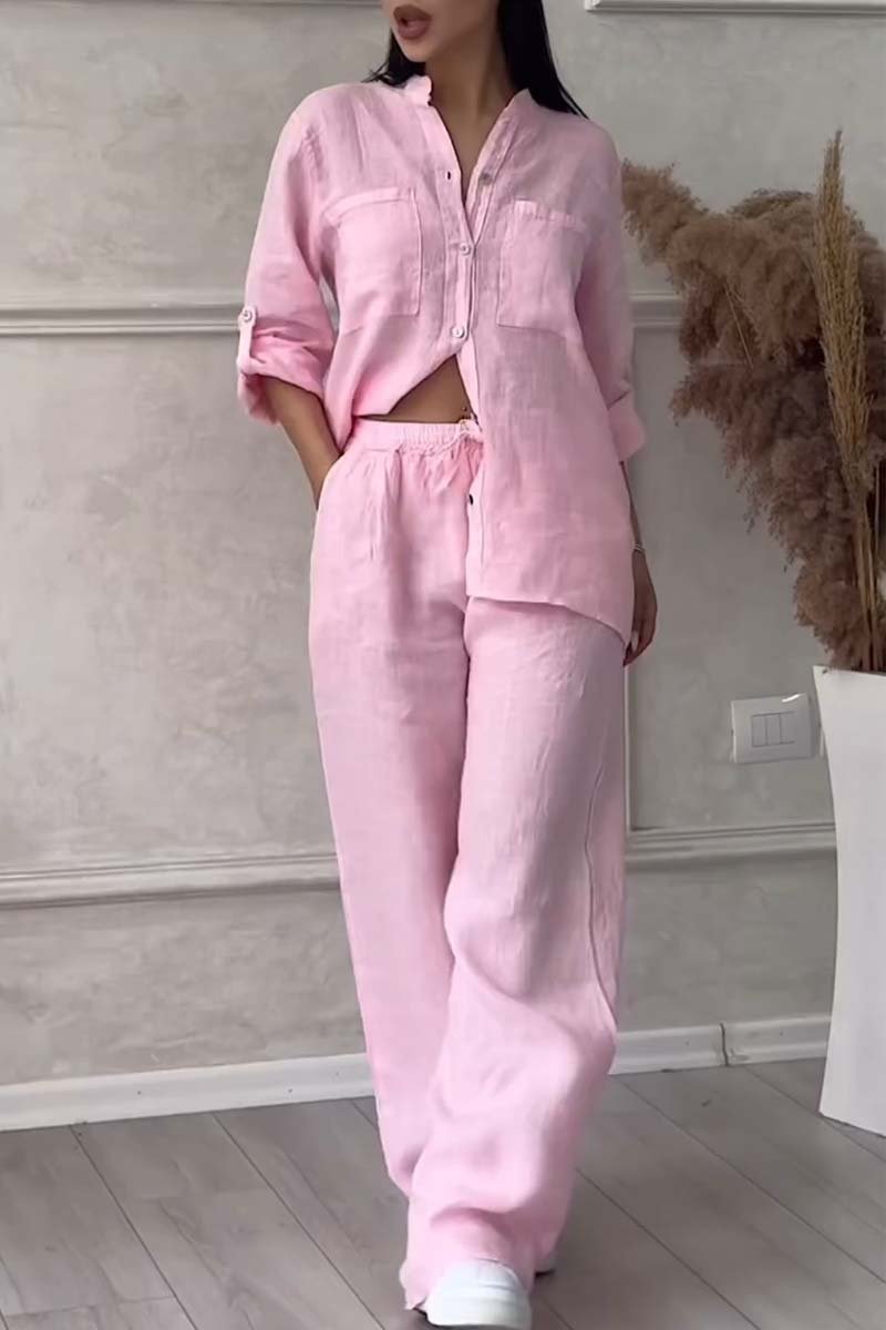 Women's beige cotton linen two-piece set with lapel top and matching wide-leg pants