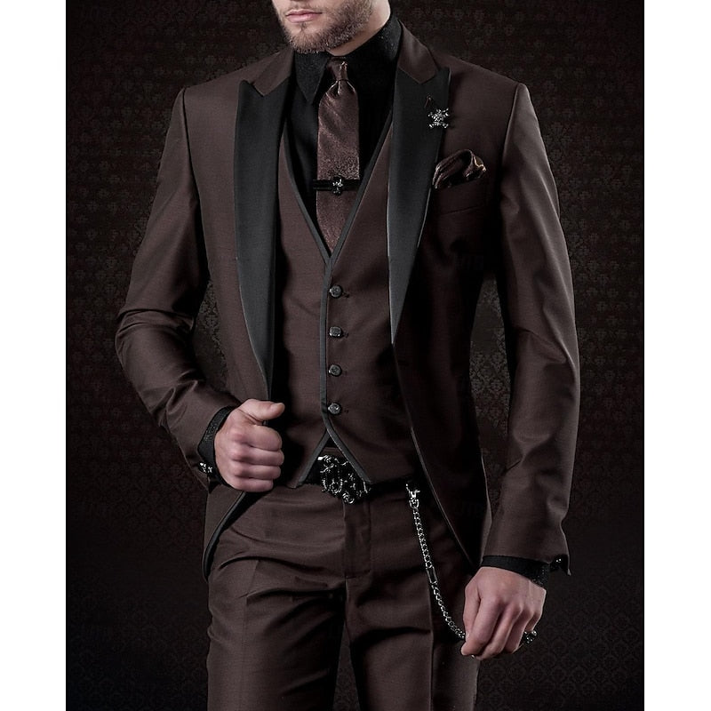 Men's slim-fit linen three-piece suit set in neutral tone, blazer vest trousers for weddings