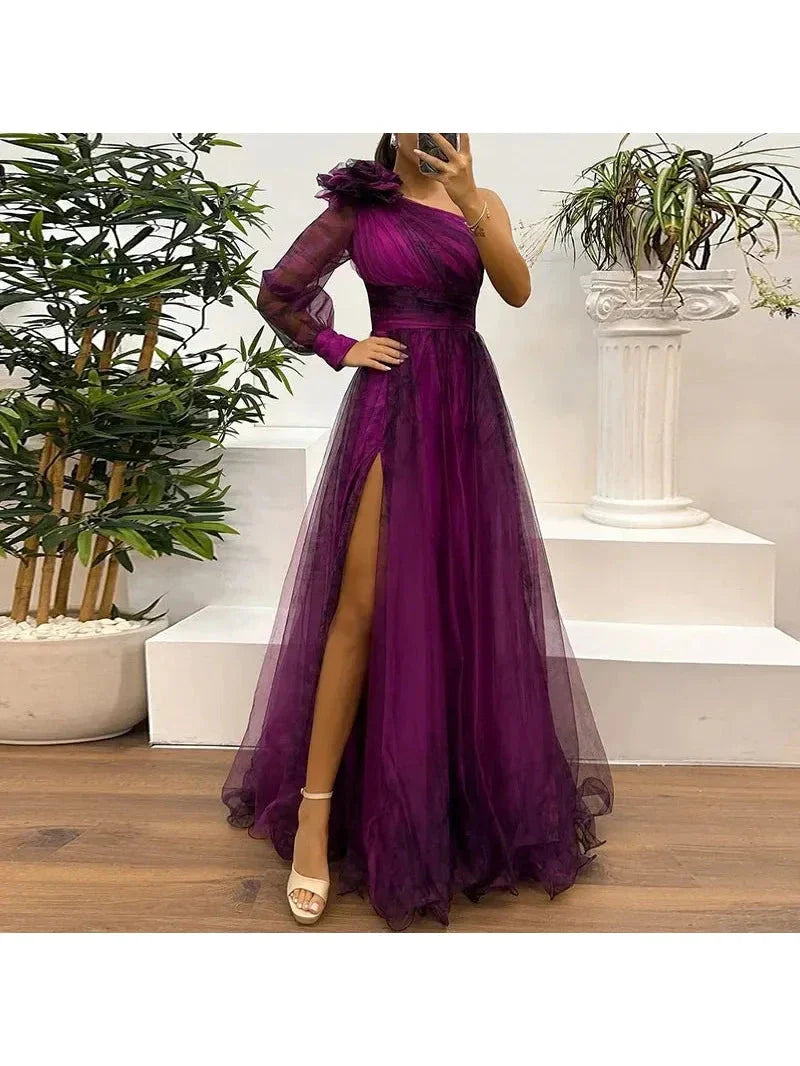 Women's one-shoulder mesh print maxi dress in flowy silhouette with bold artsy pattern