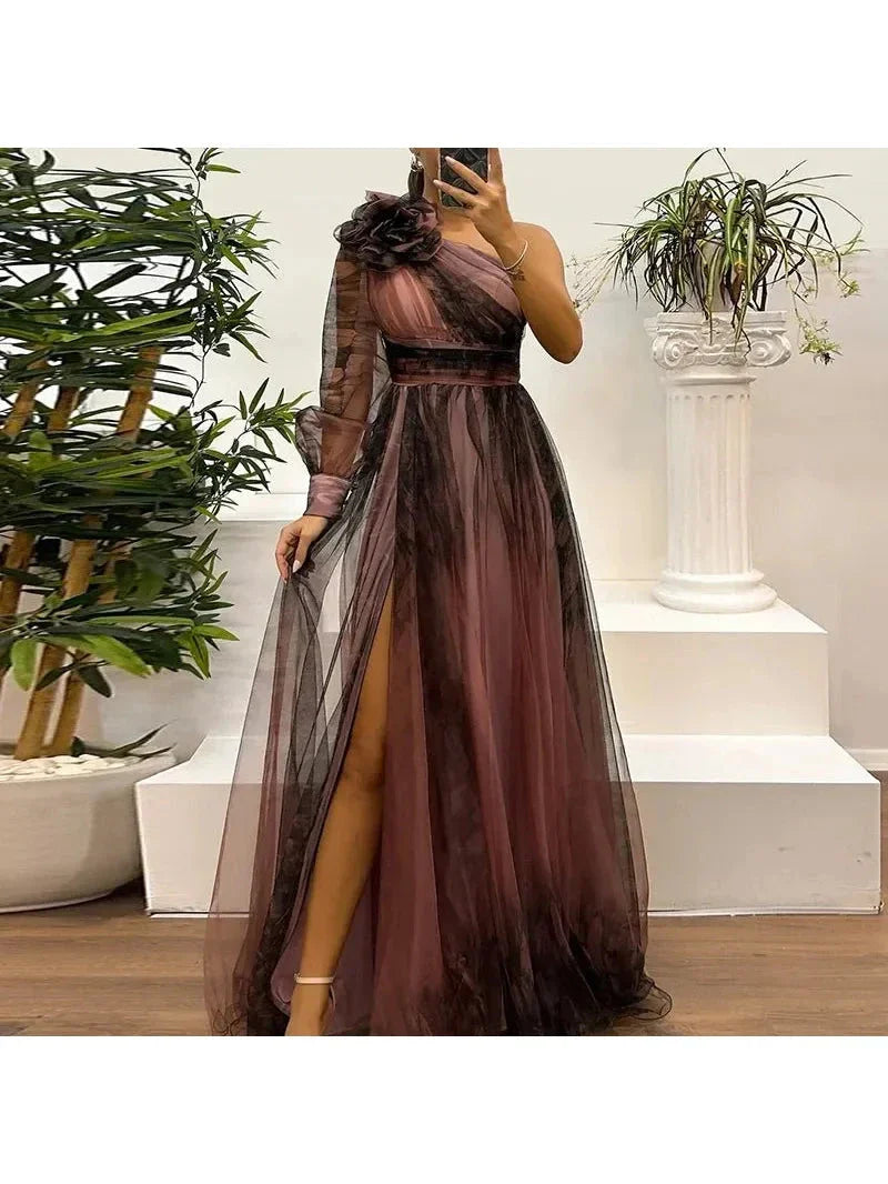 Women's one-shoulder mesh print maxi dress flowy silhouette bold artsy pattern