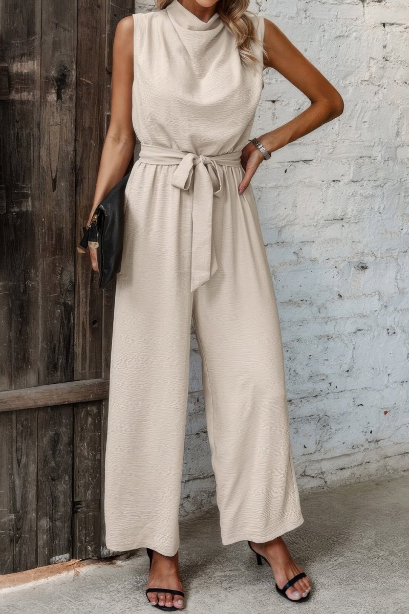 Women's sleeveless belted jumpsuit solid color cutout back detail for sophisticated day-to-night style