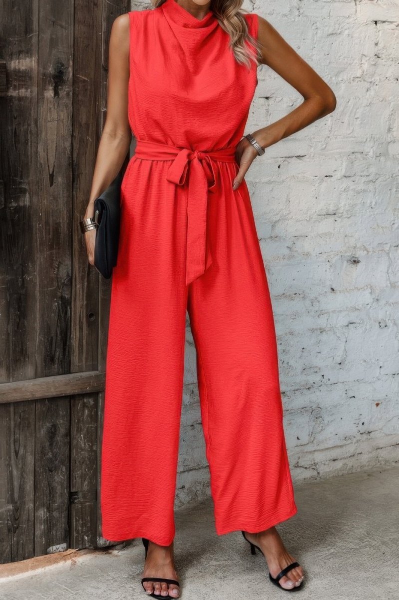 Women's sleeveless belted jumpsuit solid color cutout back sophisticated party style defined silhouette