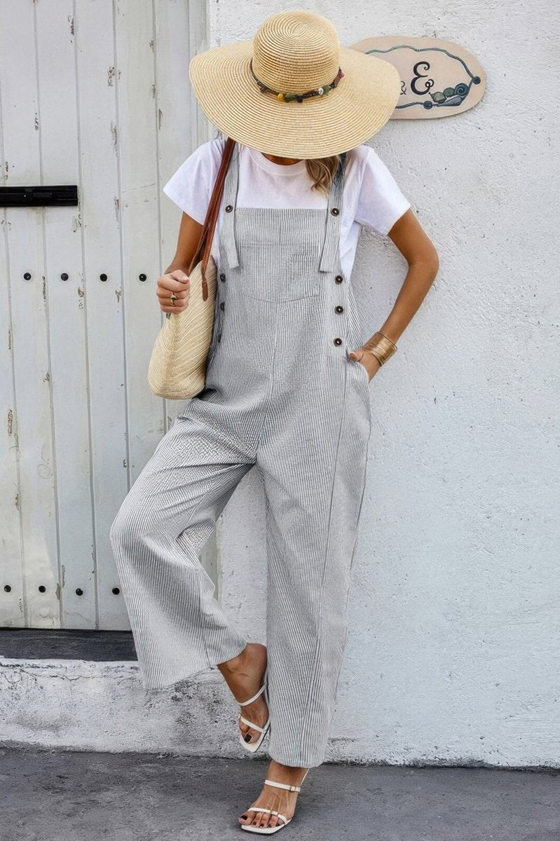 Women's cotton square neck jumpsuit relaxed fit with button trim pockets in solid neutral tone