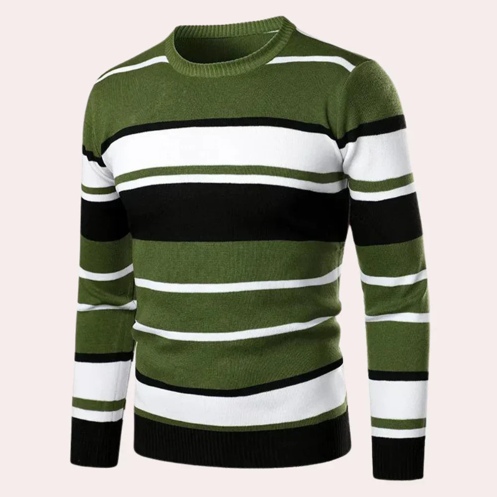Men's relaxed striped knit sweater in classic colorblock pattern, soft sustainable everyday casual essential