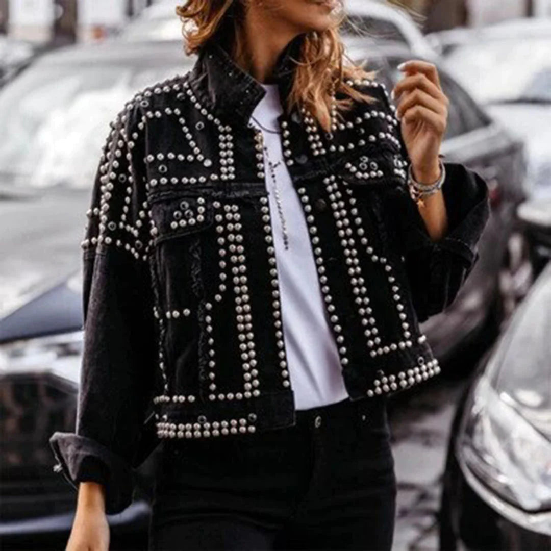 Black Lokomotiv moto jacket with bold rivet embellishments, rock-chic streetwear style, durable everyday fit