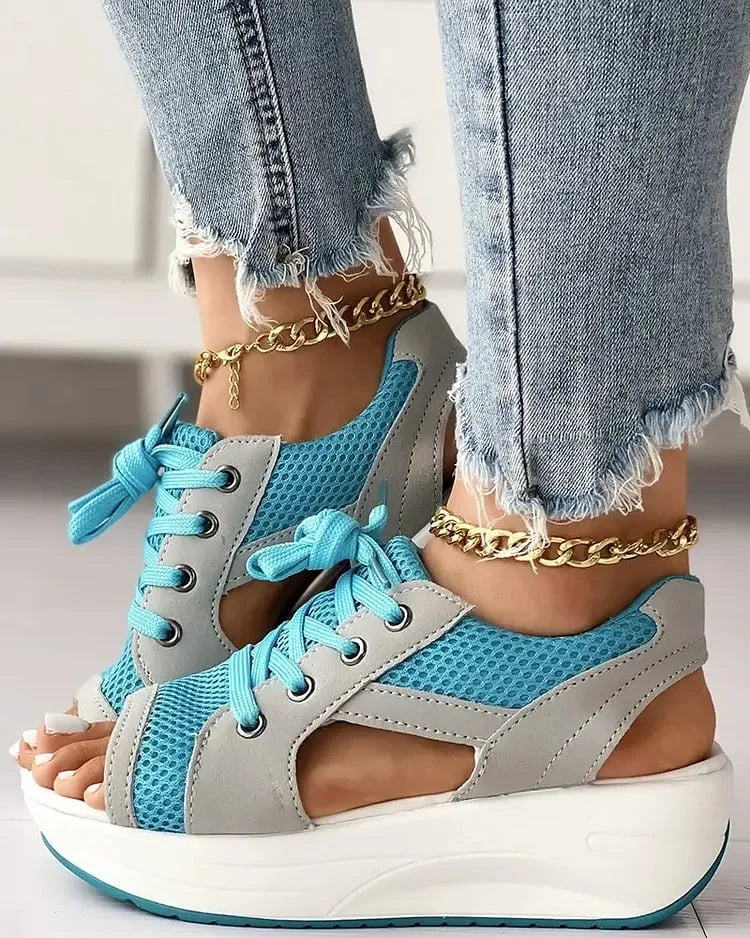 Women's sporty wedge sandals with breathable mesh upper, lace-up closure, comfortable everyday warm-weather style