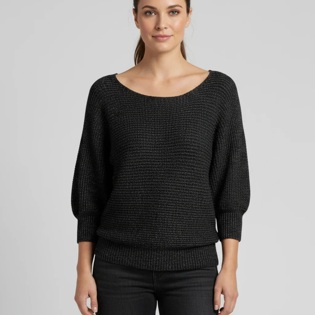 Women's relaxed fit scoop neck sweater with drop shoulder and 3/4 sleeves for effortless layering