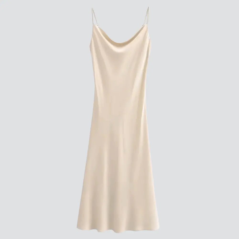 Kaila satin-feel slip dress in cowl neck silhouette with adjustable straps and backless design for evenings