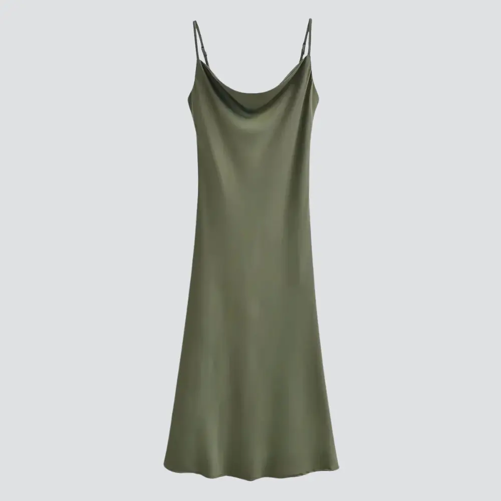 Satin feel cowl neck slip dress with adjustable straps and backless silhouette for elegant evenings