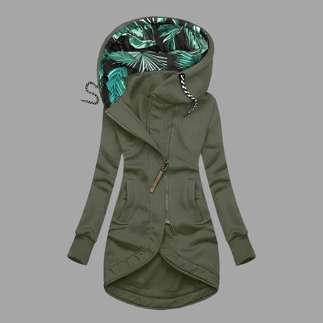 Women's longline zip hoodie in neutral tone, relaxed silhouette with full-zip closure for chic layering