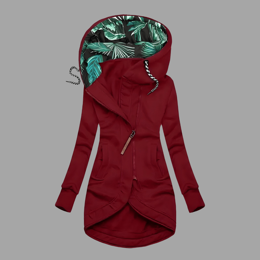 Women's longline zip hoodie in neutral tone, relaxed fit with full-zip closure and extended coverage