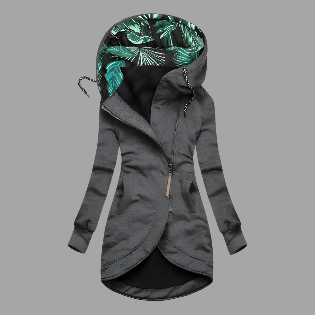 Women's longline zip hoodie in neutral tone, relaxed silhouette with full-zip closure for chic layering