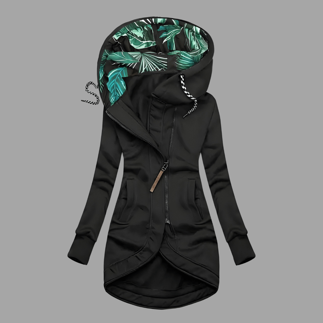 Women's longline zip hoodie in neutral tone, relaxed fit with full-zip closure and extended length coverage