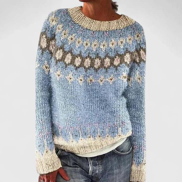 Beige knit sweater with vintage mushroom pattern, cozy relaxed fit for casual winter layering