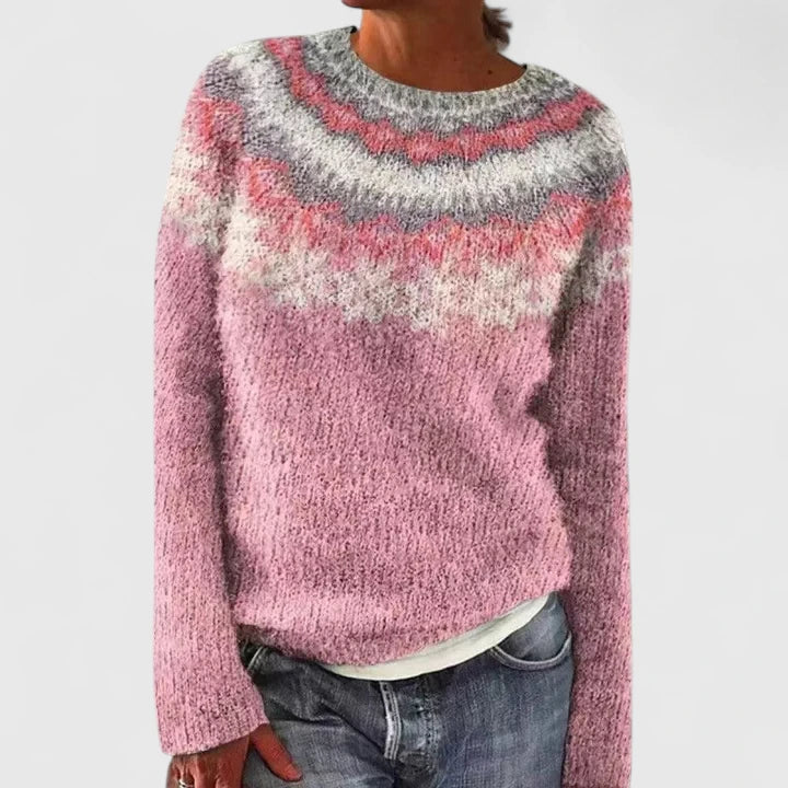 Beige knit sweater with mushroom pattern, vintage forest-inspired design, cozy casual winter pullover