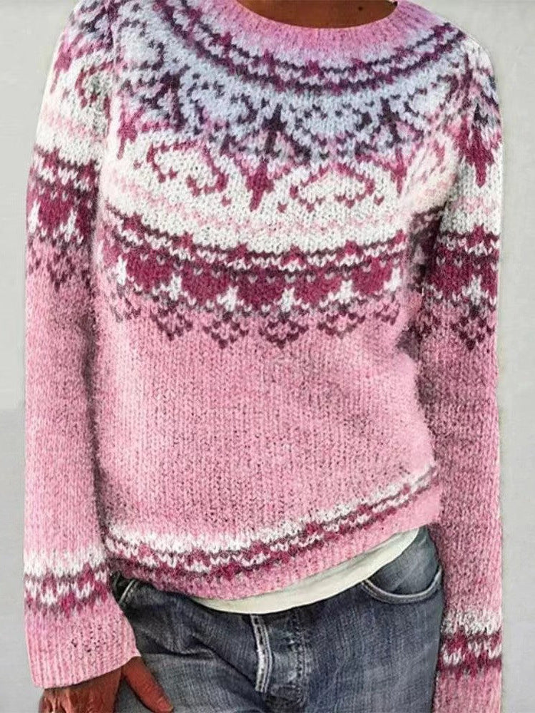 Women's textured knit sweater in cozy winter tones, relaxed fit with raised pattern detail