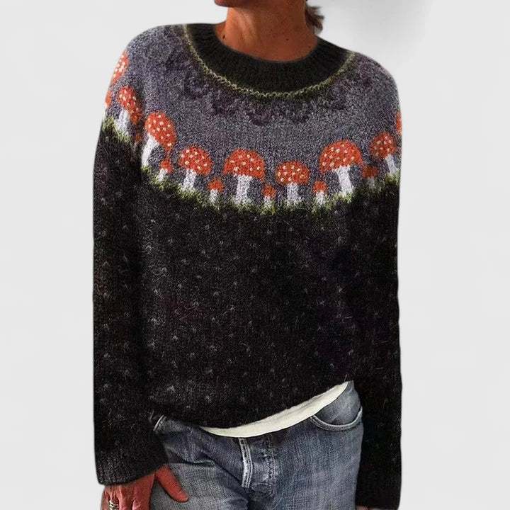 Cream knit sweater with vintage mushroom pattern, cozy oversized fit for casual winter layering