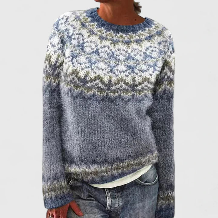 Cream knit sweater with vintage mushroom pattern, cozy relaxed fit for casual winter layering