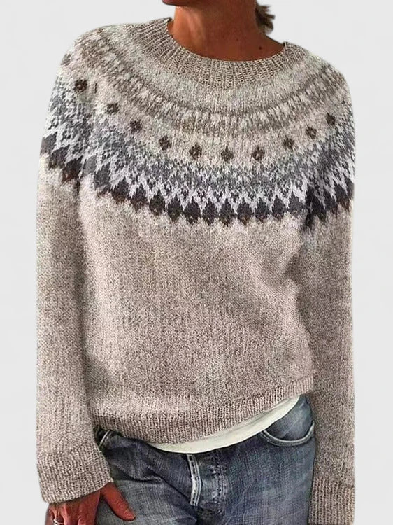 Beige knit sweater with mushroom pattern, vintage forest motif, cozy relaxed fit for casual winter layers