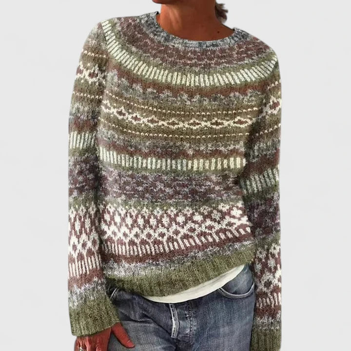 Cream knit sweater with vintage mushroom pattern, cozy relaxed fit for casual winter layering