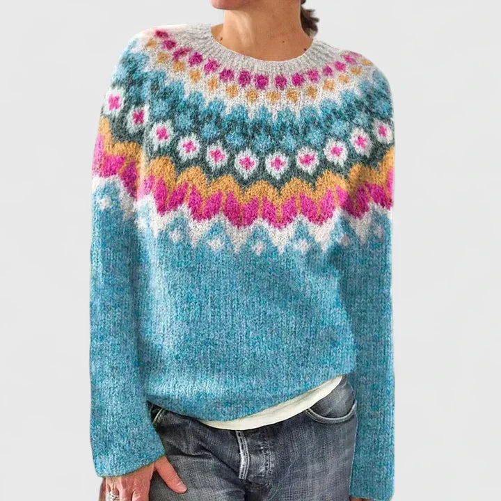 Oversized cream knit sweater with mushroom pattern, vintage forest-inspired cozy winter essential
