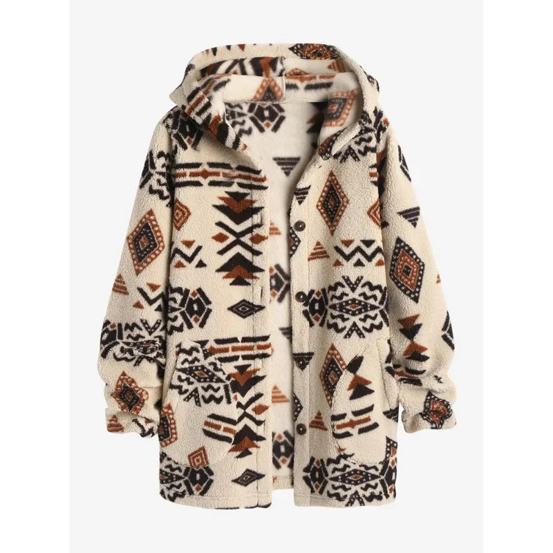 Women's geometric pattern stand collar button-front jacket for versatile everyday layering