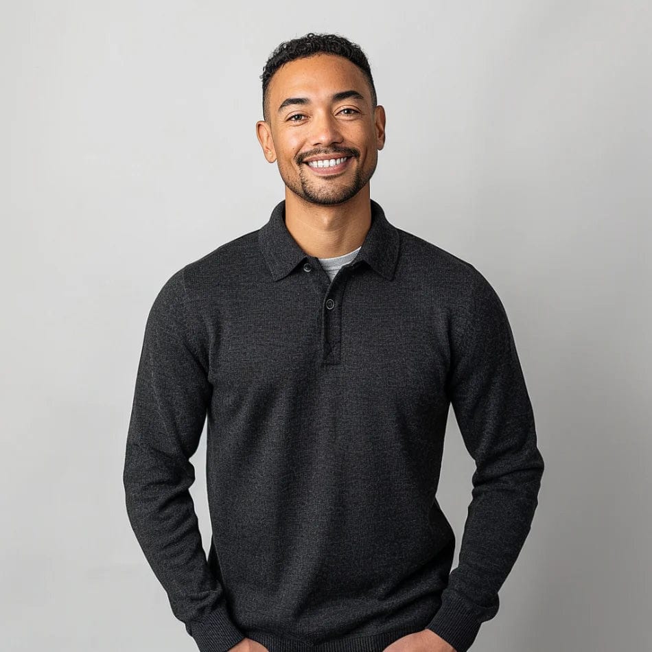 Men's long-sleeve polo knit sweater classic collar button placket soft warm everyday style