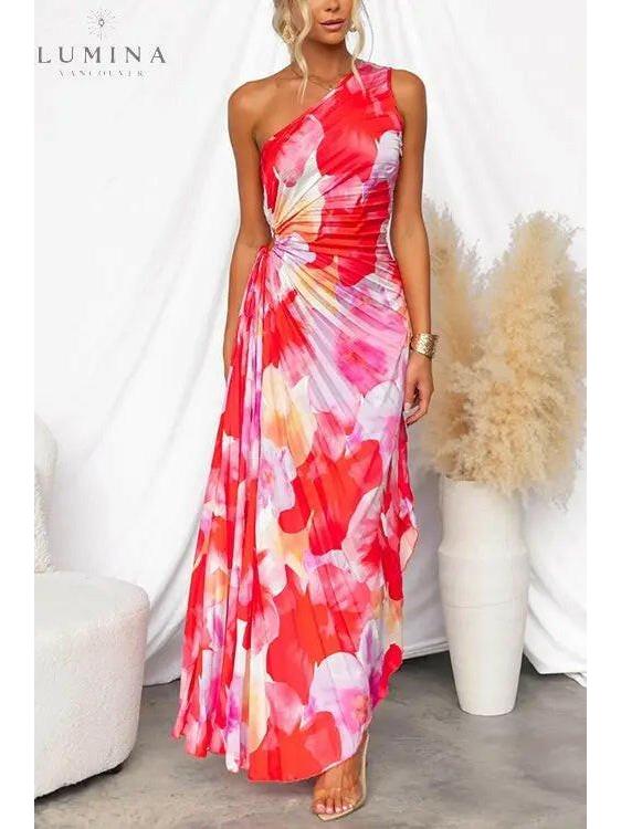 Katie pleated summer dress, one-shoulder asymmetric hem, bold sophisticated women's fashion