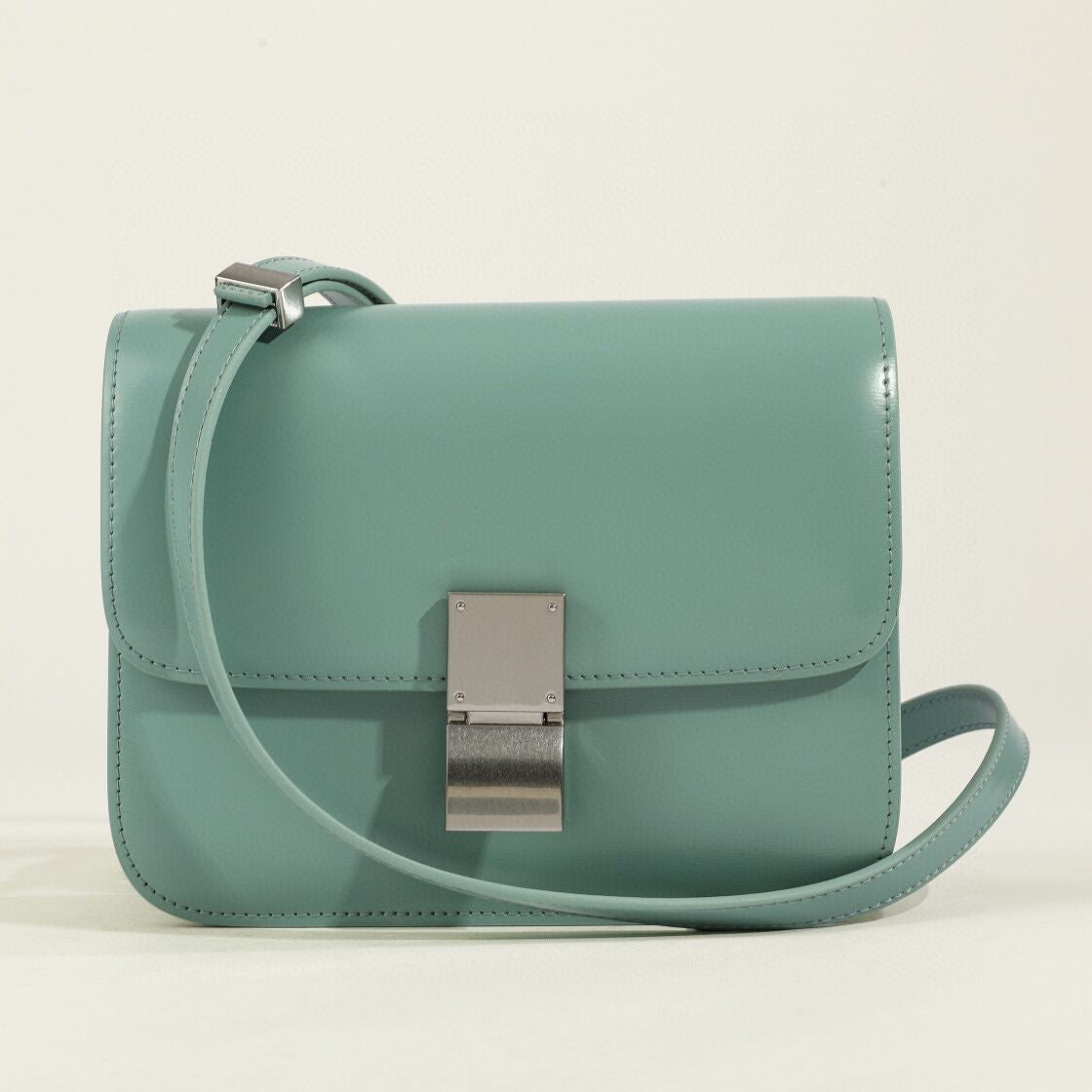 Women's genuine leather structured box shoulder bag vintage flap closure compact elegant design