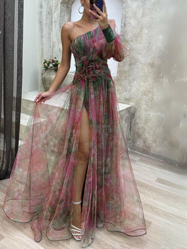 Floral maxi dress one-shoulder silhouette with rosette waist detail and flowing tulle skirt