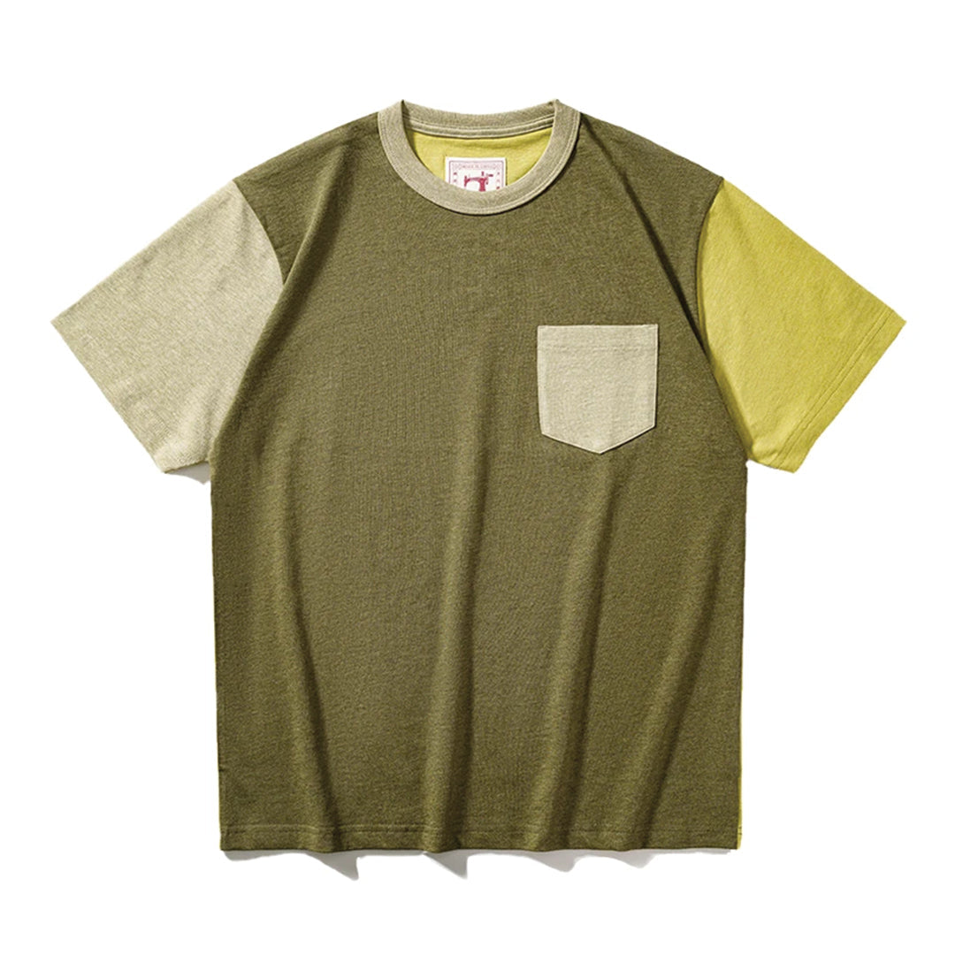 Unisex retro colorblock cotton tee with contrast pocket, bold color signal design, regular fit